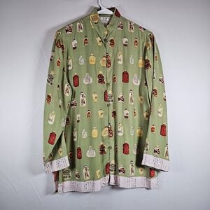 Silk Green Shirt with Colorful Jar Print By Piano Size Medium